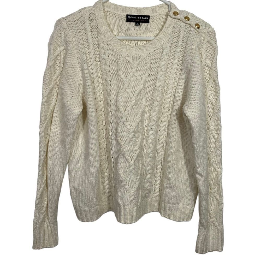 Madewell x Sezane White Chunky Knit Cream Crewneck Sweater